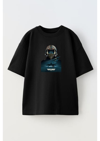 Unisex Siyah Oversize Pamuk Top Gun Pilot Baskılı Örme T-Shirt