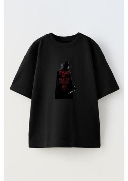 Unisex Siyah Oversize Pamuk Ideasare Bullet Baskılı Örme T-Shirt