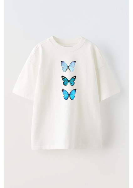 Unisex Beyaz Oversize Pamuk 3lü Mavi Kelebek Baskılı Örme T-Shirt