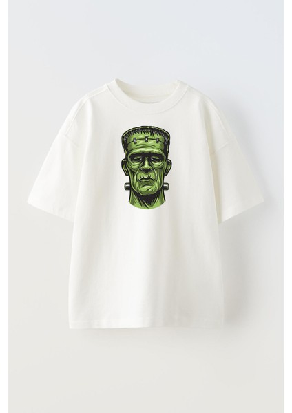 Unisex Beyaz Oversize Pamuk Frankestein Baskılı Örme T-Shirt