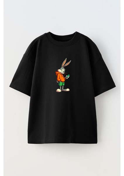 Unisex Siyah Oversize Pamuk Yeşil Şort Bugsbunny Baskılı Örme T-Shirt