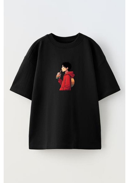 Unisex Siyah Oversize Pamuk Kırmızı Kapşunlu Genç Erkek Baskılı Örme T-Shirt