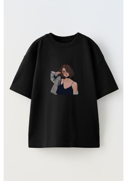 Unisex Siyah Oversize Pamuk Kıvırcık Genç Kız Baskılı Örme T-Shirt