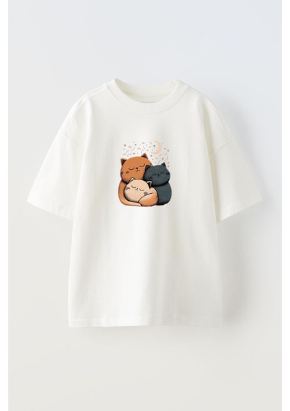 Unisex Beyaz Oversize Pamuk Huzurlu Üç Kedi Baskılı Örme T-Shirt