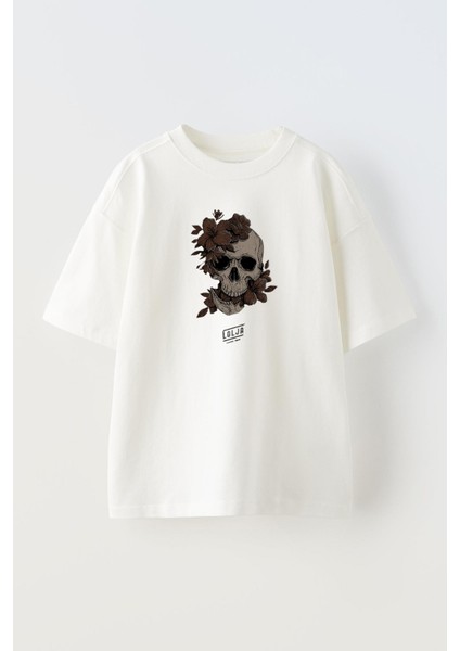 Unisex Beyaz Oversize Pamuk Lolja Kuru Kafa Baskılı Örme T-Shirt