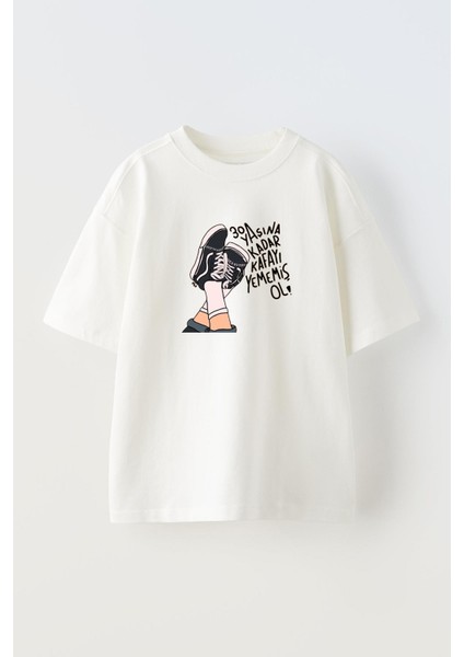 Unisex Beyaz Oversize Pamuk 30 Akadar Kafayı Baskılı Örme T-Shirt