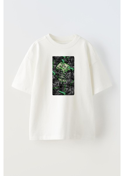 Unisex Beyaz Oversize Pamuk Dolar Deste Baskılı Örme T-Shirt