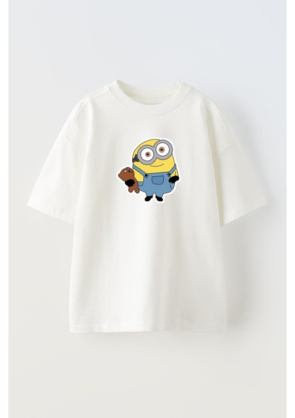 Unisex Beyaz Oversize Pamuk Oyuncaklı Minyon Baskılı Örme T-Shirt