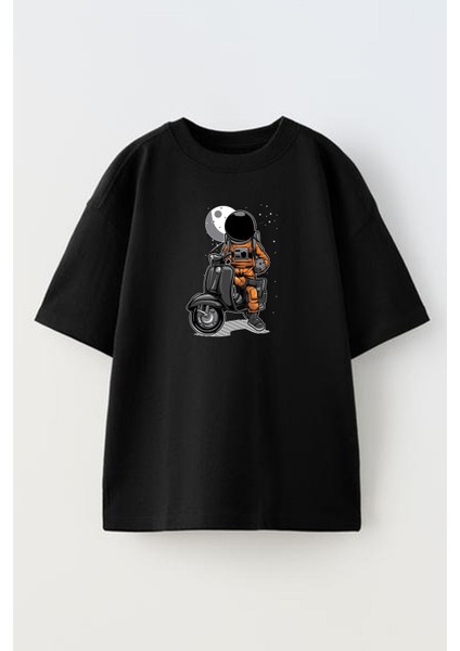 Unisex Siyah Oversize Pamuk Scooterlı Astronot Baskılı Örme T-Shirt