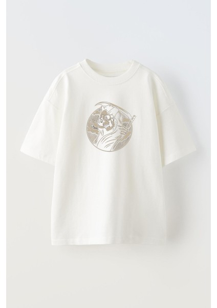 Unisex Beyaz Oversize Pamuk Kurukafa Cellat Baskılı Örme T-Shirt