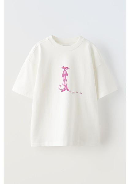 Unisex Beyaz Oversize Pamuk Patili Pembe Panter Baskılı Örme T-Shirt
