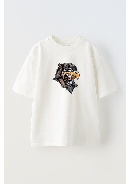 Unisex Beyaz Oversize Pamuk Kartal Pilot Baskılı Örme T-Shirt