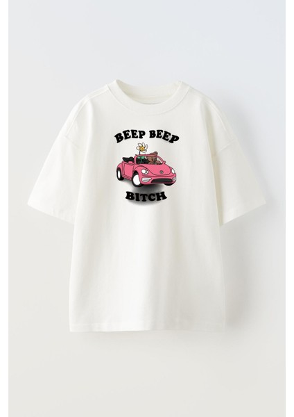 Unisex Beyaz Oversize Pamuk Beep Yavru Fare Pembe Araba Baskılı Örme T-Shirt