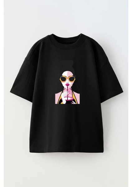 Unisex Siyah Oversize Pamuk Ice Latte Tatilde Kadın Baskılı Örme T-Shirt