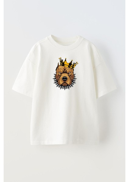 Unisex Beyaz Oversize Pamuk Kahverengi Pitbull Taç Baskılı Örme T-Shirt