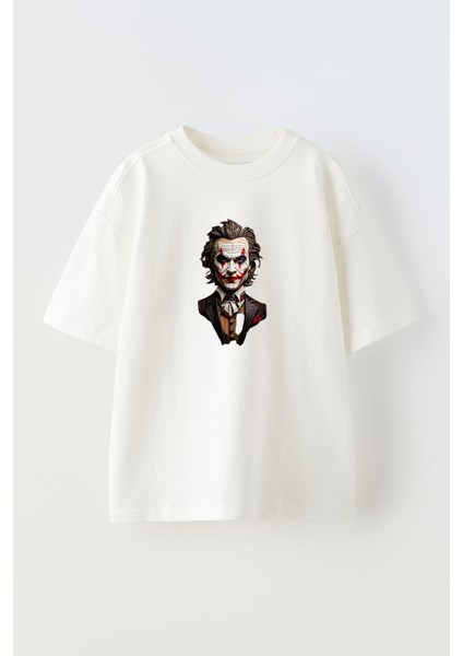 Unisex Beyaz Oversize Pamuk Şık Joker Baskılı Örme T-Shirt