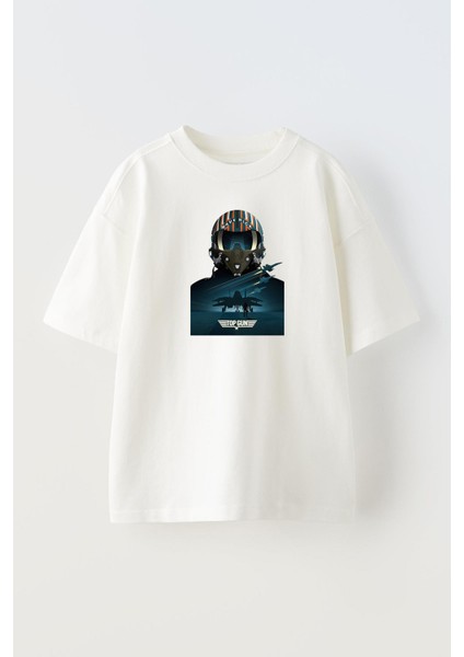 Unisex Beyaz Oversize Pamuk Top Gun Pilot Baskılı Örme T-Shirt
