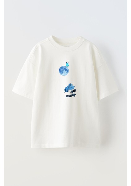 Unisex Beyaz Oversize Pamuk Ay Çiçek Mavi Baskılı Örme T-Shirt