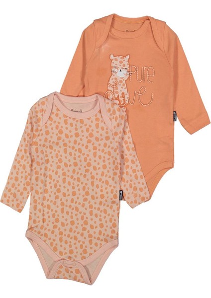 Kız Bebek Turuncu Kedi Baskılı Leopar Desenli 2'li Zıbın Set