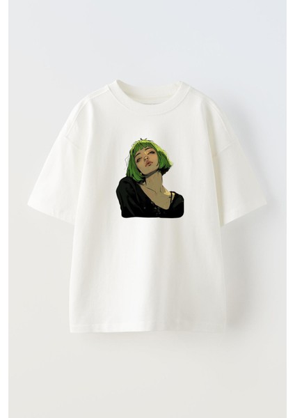Unisex Beyaz Oversize Pamuk Yeşil Saçlı Kız Baskılı Örme T-Shirt