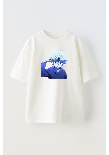 Unisex Beyaz Oversize Pamuk Mavi Saçlı Anime Erkek Baskılı Örme T-Shirt