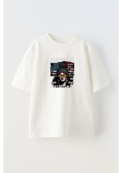 Unisex Beyaz Oversize Pamuk Amerikan Yazı Baskılı Örme T-Shirt