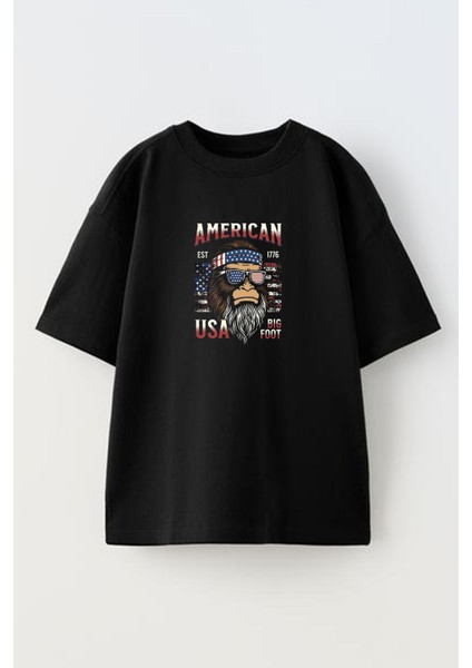 Unisex Siyah Oversize Pamuk American Maymun Baskılı Örme T-Shirt