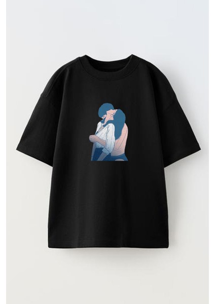 Unisex Siyah Oversize Pamuk Sarılan Genç Çift Baskılı Örme T-Shirt