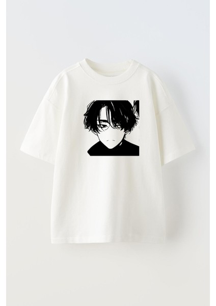 Unisex Beyaz Oversize Pamuk Siyah Saçlı Anime Erkek Baskılı Örme T-Shirt