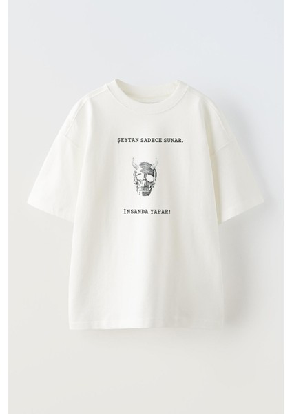 Unisex Beyaz Oversize Pamuk Sadece Şeytan Sunar Baskılı Örme T-Shirt