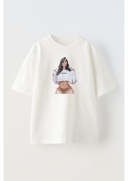 Unisex Beyaz Oversize Pamuk Crop Mayolu Kız Baskılı Örme T-Shirt