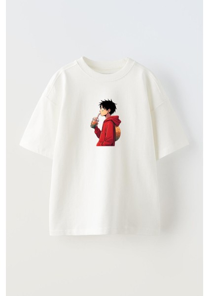 Unisex Beyaz Oversize Pamuk Kırmızı Kapşunlu Genç Erkek Baskılı Örme T-Shirt