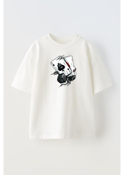 Unisex Beyaz Oversize Pamuk As Zar Baskılı Örme T-Shirt