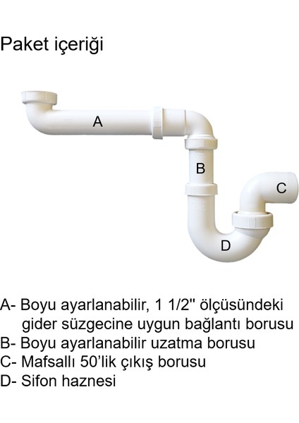 yer kazandıran lavabo sifonu evye sifonu, 1 1/2''bağlantı ağızlı, süzgeçsiz,50lik çıkış, lavabo dolabında ve çekmecesinde lavabo ve evye altında duvara bitişik montajlı koku önleyici S sistemi