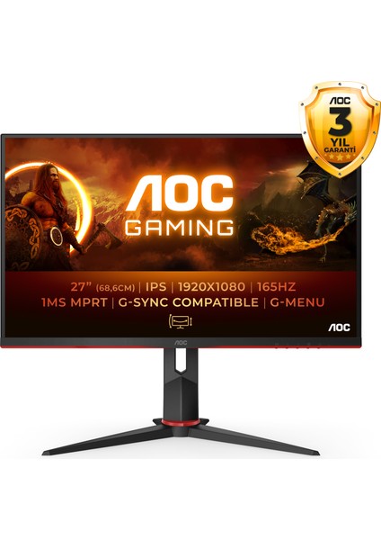 Aoc 27" 27G2SPU 1Ms 165Hz IPS 1920*1080p HDMI,DisplayPort G-Sync Gaming Monitör