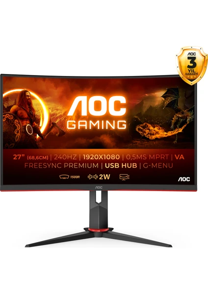 C27G2ZU/BK 27" 240Hz 0.5 ms (HDMI+Display) FreeSync Full HD Curved Monitör