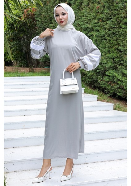 Balon Kol Şeritli Elbise 726 - Gri