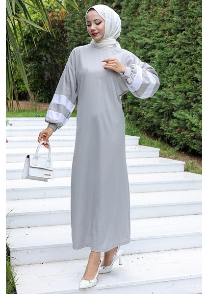 Balon Kol Şeritli Elbise 726 - Gri modelleri