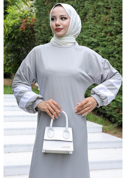 Balon Kol Şeritli Elbise 726 - Gri fırsatları