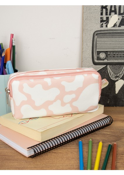 Kalem Kutusu Inek Pembe Beyaz Iki Bölmeli Vegan Deri(Çift Gözlü Kalemlik)