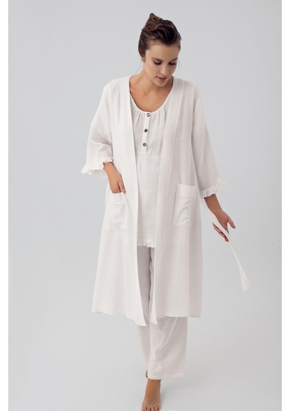Çift Katlı Müslin Pamuklu Ayarlanabilir Yüksek Bel Düğmeli Hamile Sabahlık Pijama Takım M308