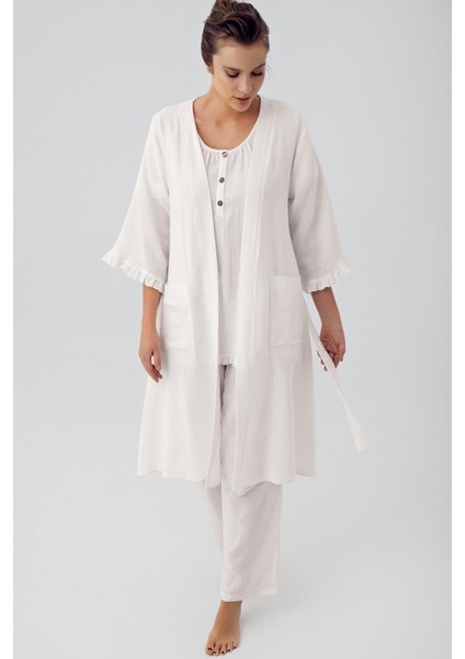 Çift Katlı Müslin Pamuklu Ayarlanabilir Yüksek Bel Düğmeli Hamile Sabahlık Pijama Takım M308