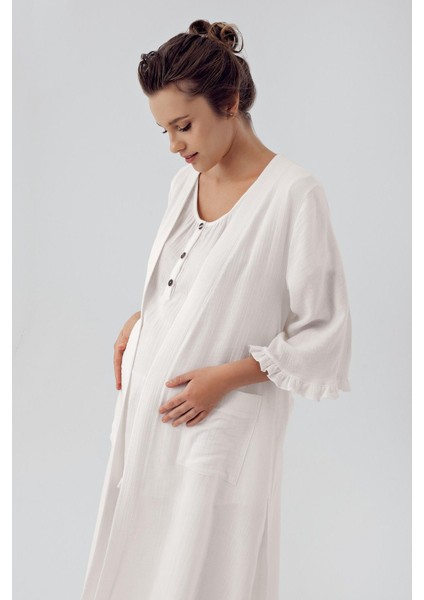 Çift Katlı Müslin Pamuklu Ayarlanabilir Yüksek Bel Düğmeli Hamile Sabahlık Pijama Takım M308