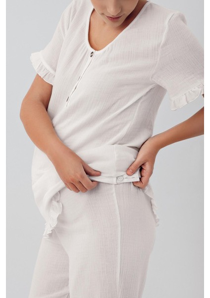 Çift Katlı Müslin Pamuklu Ayarlanabilir Yüksek Bel Düğmeli Hamile Sabahlık Pijama Takım M308