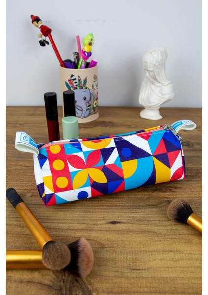 Kalem Kutusu Colourful Cute Üçgen Tasarım Vegan Deri (Kalemlik ve Makyaj Çantası))