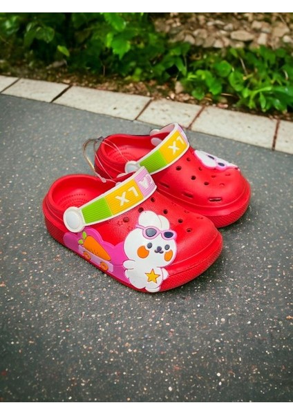 Calx Çocuk Kırmızı Renk Havuç Tavşan Figürlü Kaydırmaz Sandalet Crocs Terlik