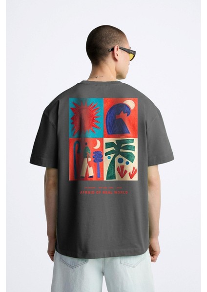Bisiklet Yaka Afraid Of Real World Baskılı Füme Oversize Erkek T-Shirt
