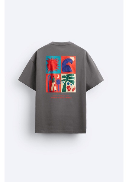 Bisiklet Yaka Afraid Of Real World Baskılı Füme Oversize Erkek T-Shirt fiyatları