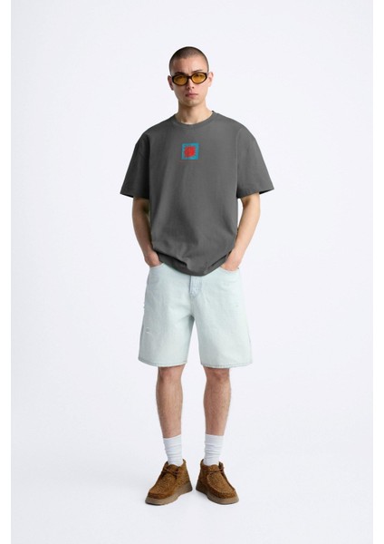 Bisiklet Yaka Afraid Of Real World Baskılı Füme Oversize Erkek T-Shirt indirimleri