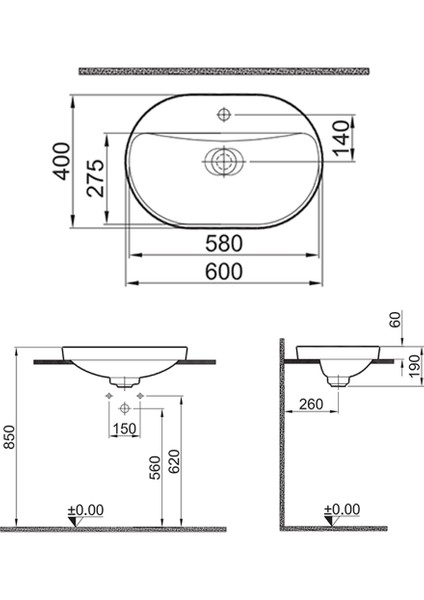 Zero 2.0 60 x 40 cm Yarı Gömme Oval Lavabo